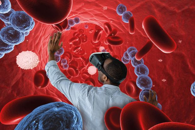 Montage of a person looking at streptococcus in blood to illustrate Immersive technology’s potential to transform education is enormous