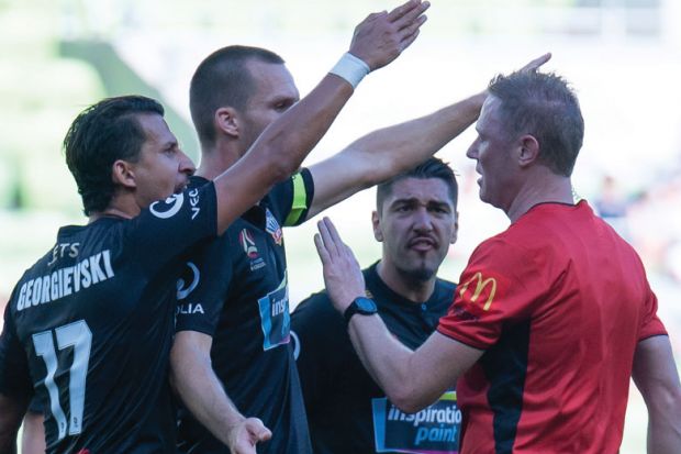 Gestures at the referee as a City player is fouled in Melbourne, Australia as a metaphor for flawed preprints ban ‘not grounds for appeal’