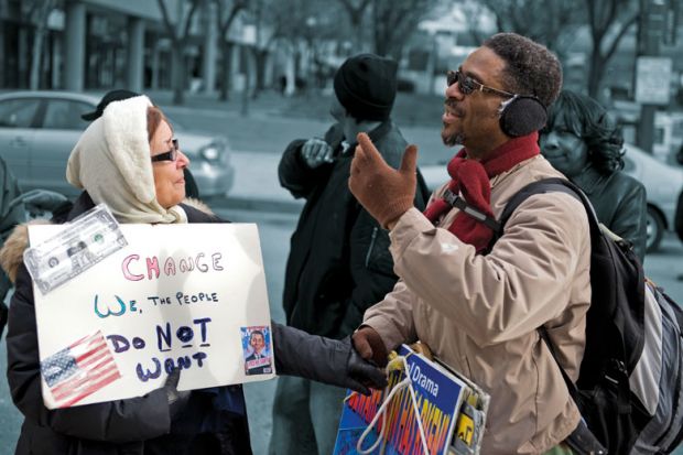 Two people having a disagreement over policies outside of the Renaissance Harborplace Hotel in Baltimore Two people having a disagreement over policies outside of the Renaissance Harborplace Hotel in Baltimore to illustrate If we are to disagree well, we must learn to balance humility and conviction