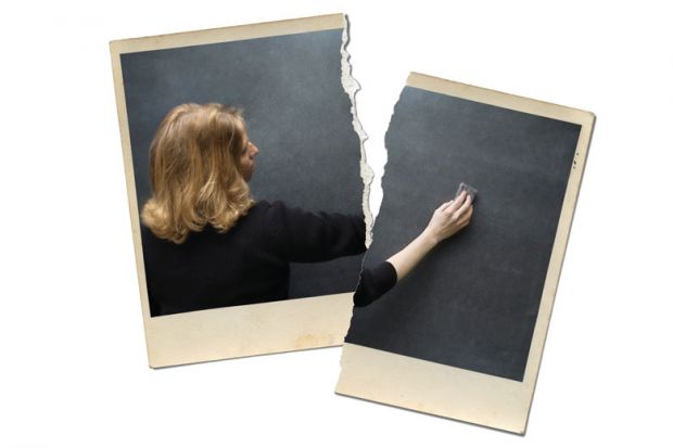 Person rubbing out on a black board, image ripped in half to illustrate Leaving is a long, emotional affair, but I’m glad I quit academia