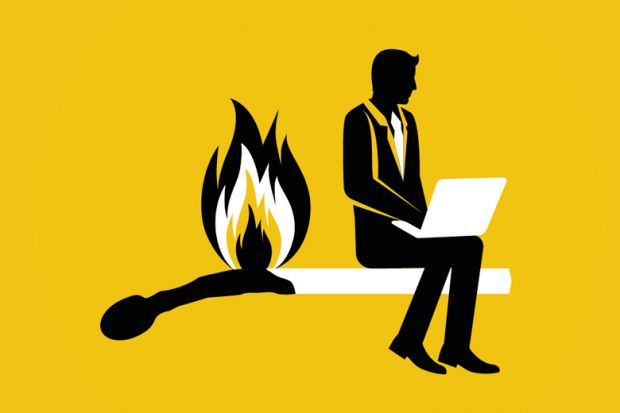 Illustration of a man sitting on a match stick with a laptop.