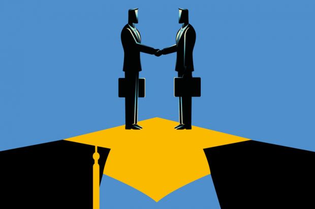 illustration of two people shaking hands stand on a bridge in the shape of a mortar board illustration of two people shaking hands stand on a bridge in the shape of a mortar board to illustrate HE must not retreat from international engagement