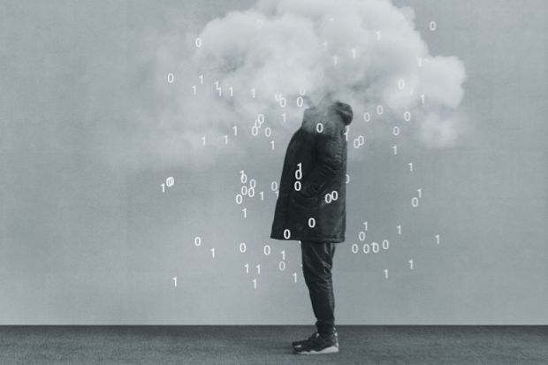 Casual young man with head in cloud and coding flowing out Casual young man with head in cloud and coding flowing out