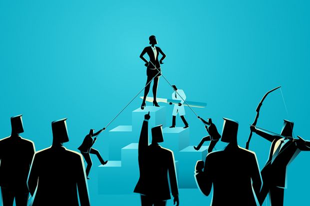 A high-achieving woman on a pedestal being attacked, and men attempting to pull her off. To illustrate how a female neuroscientist became subject to an inquiry for doing her job, in a betrayal of scientific standards. A high-achieving woman on a pedestal being attacked, and men attempting to pull her off. To illustrate how a female neuroscientist became subject to an inquiry for doing her job, in a betrayal of scientific standards.