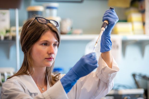 Woman researcher in biotechnology laboratory pipetting genetic material