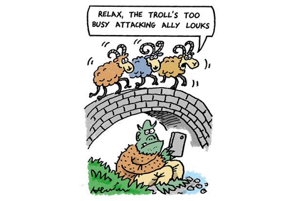 Three goats cross bridge above troll. One goat says: “Relax, he's too busy attacking Ally Louks” Three goats cross bridge above troll. One goat says: “Relax, he's too busy attacking Ally Louks”
