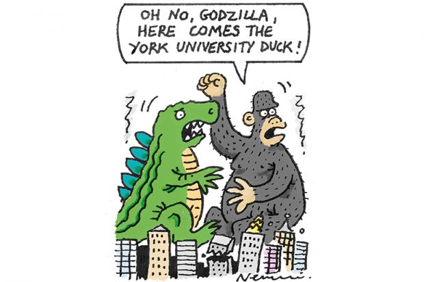 Cartoon about comparing Godzilla to tall duck at University of York Cartoon about comparing Godzilla to tall duck at University of York